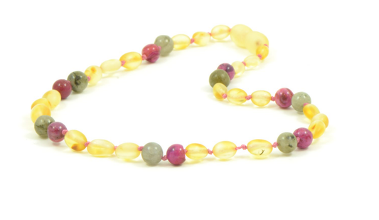 Barnsteen halsketting | Citroen barnsteen, amber en roze agaat en labradoriet | kindermaat