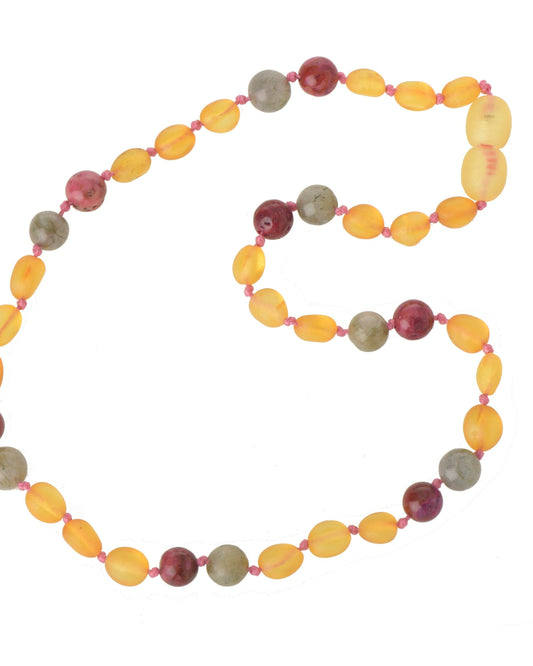 Barnsteen halsketting | Citroen barnsteen, amber en roze agaat en labradoriet | kindermaat